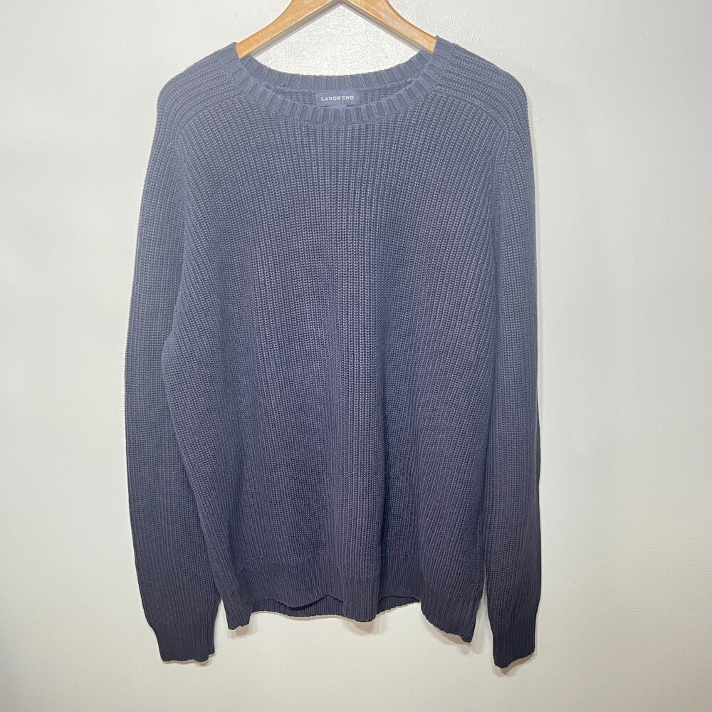 VTG Lands' End Sweater Navy Blue Fisherman Old Money Cotton Ribbed Knit XL